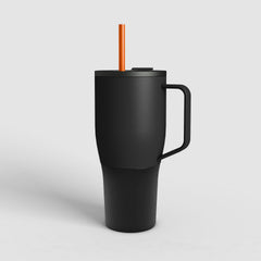 ZELA hochwertiger vakuum-isolierter Thermobecher Vulkan-Schwarz mit orangenem Trinkrohr