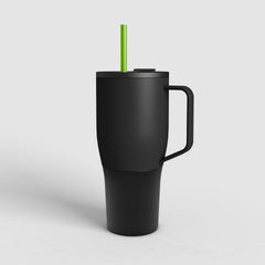 ZELA hochwertiger vakuum-isolierter Thermobecher Vulkan-Schwarz mit hell-grünem Trinkrohr