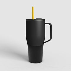 ZELA hochwertiger vakuum-isolierter Thermobecher Vulkan-Schwarz mit gelbem Trinkrohr