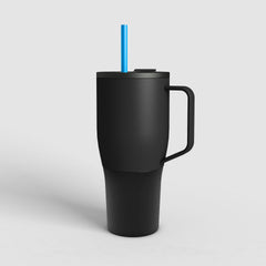 ZELA hochwertiger vakuum-isolierter Thermobecher Vulkan-Schwarz mit hell-blauem Trinkrohr